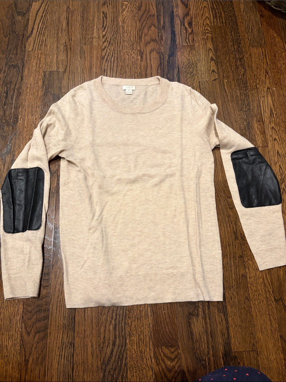 J.Crew Beige Crewneck Sweater with Black Elbow Patches